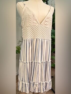 Boho Crochet-Top Striped Midi Dress - Cream & Blue - Junior size